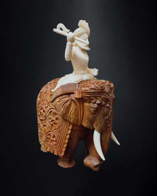 Wooden Elephant with Stone Rider
