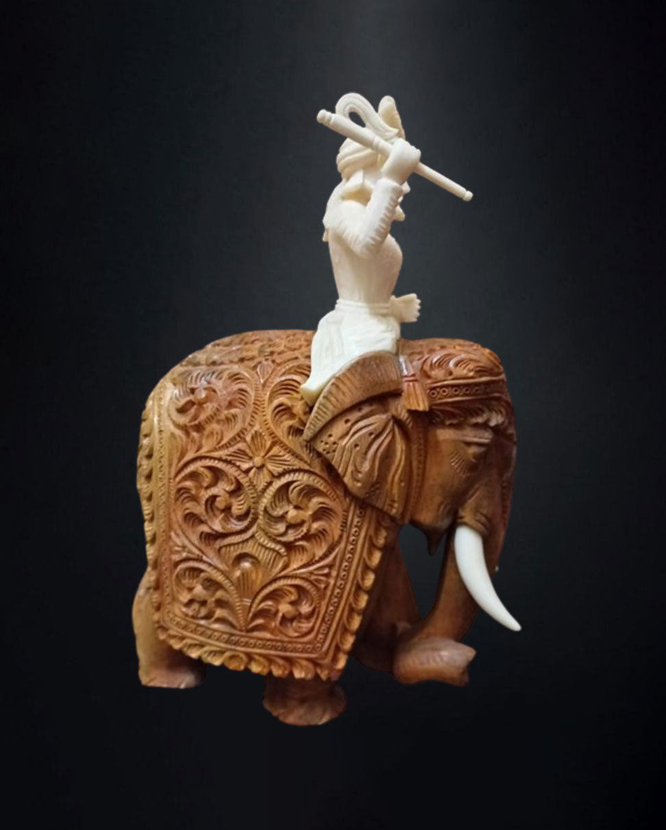 Wooden Elephant with Stone Rider